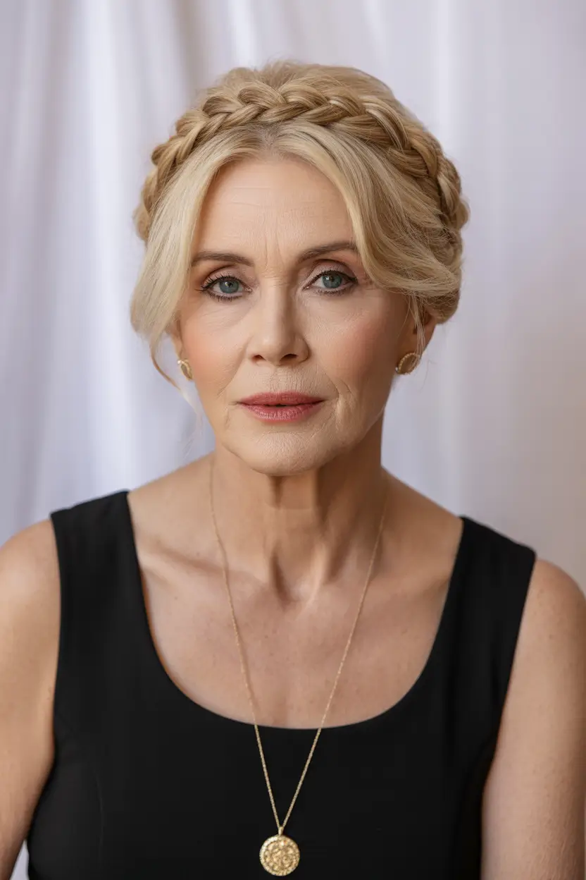 Fall hairstyles for women over 60 Polished Crown Braid with Romantic Volume