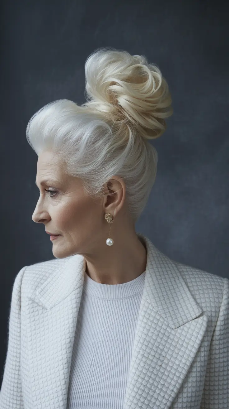 Fall hairstyles for women over 60 The Upswept Silver Power Bun