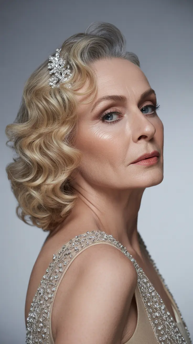 Fall hairstyles for women over 60 Soft Waves with Glam Accessories