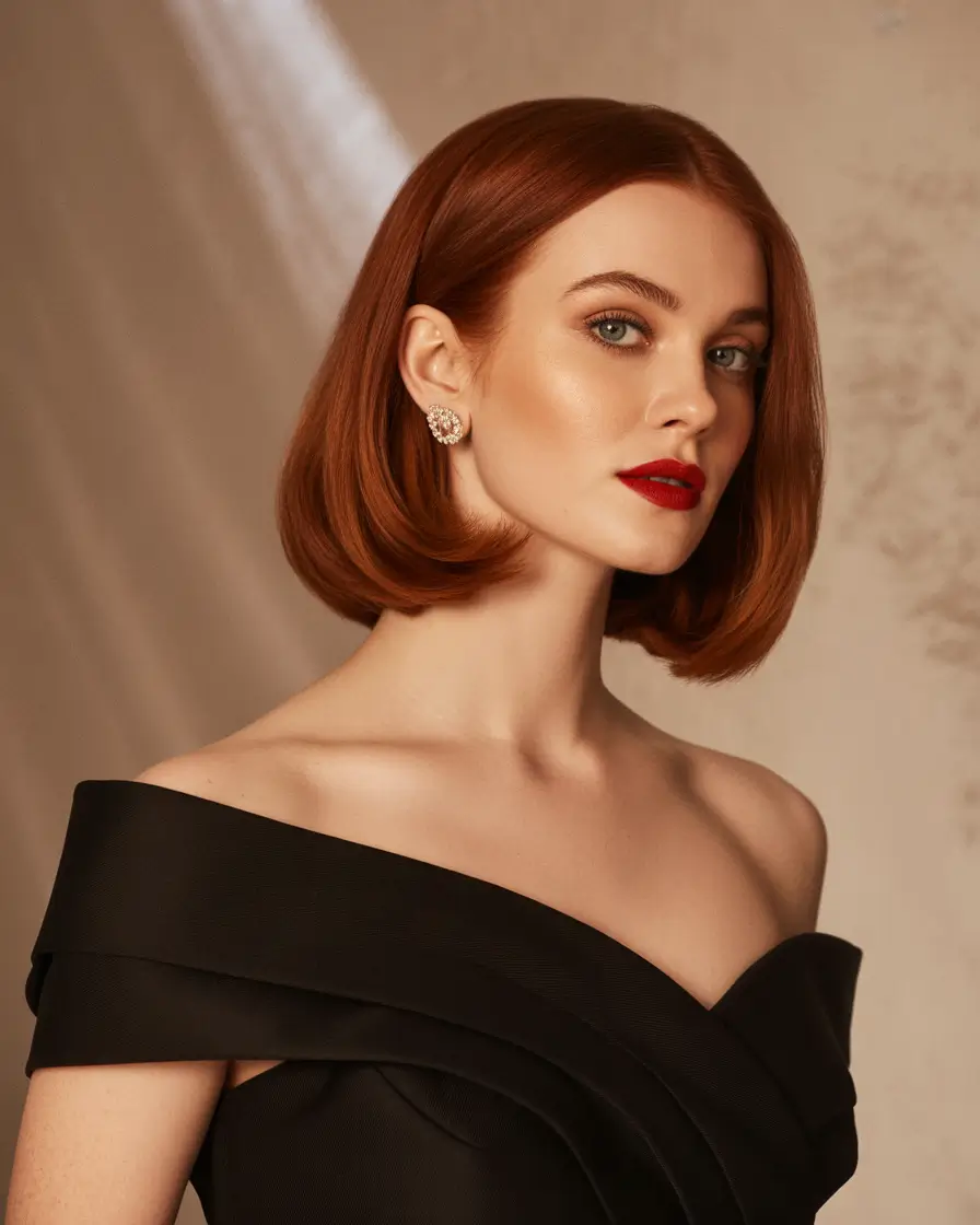 Auburn fall hair color 2025 Classic Auburn Bob with Retro Elegance