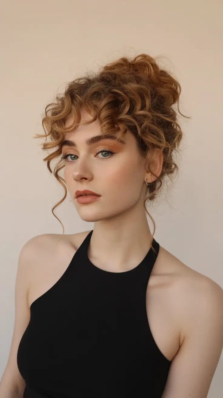 Auburn fall hair color 2025 Curly Auburn Updo with Romantic Flair