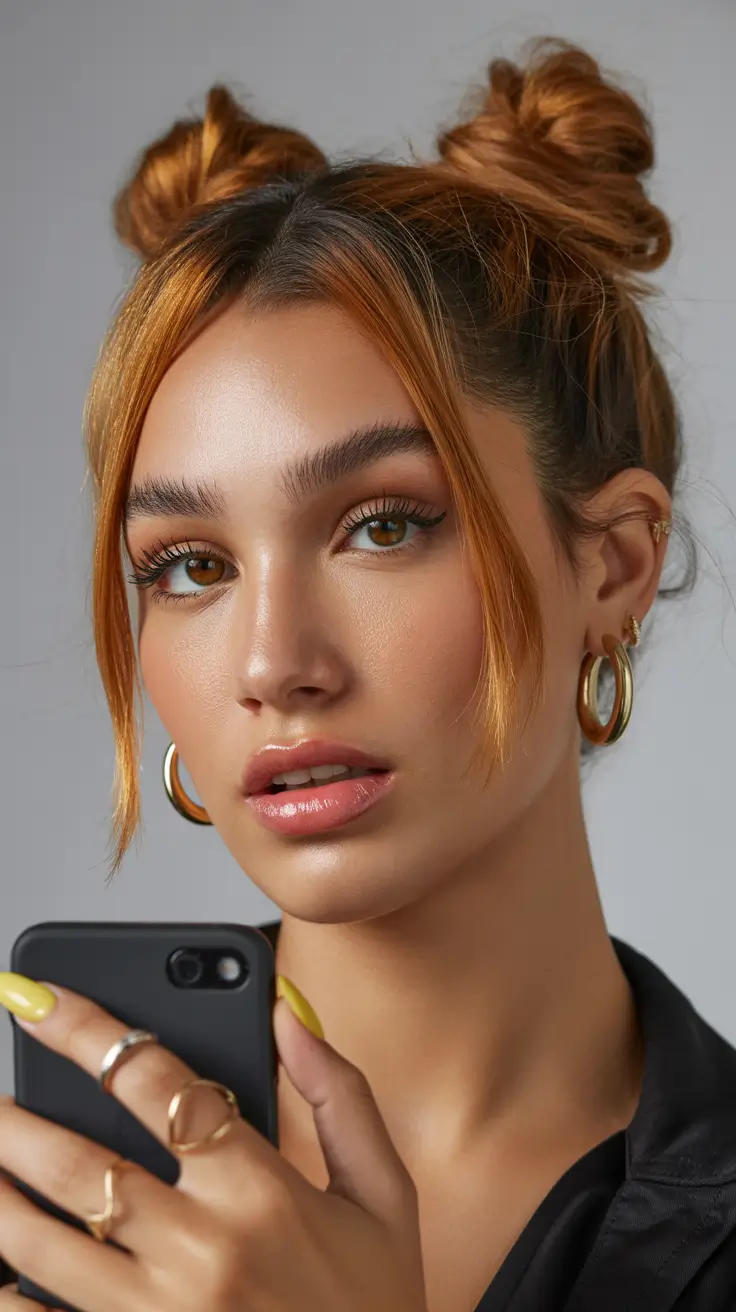 Auburn fall hair color 2025 Playful Auburn Space Buns with Face-Framing Strands