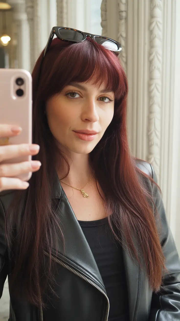 Auburn fall hair color 2025 Deep Burgundy Auburn with Bangs