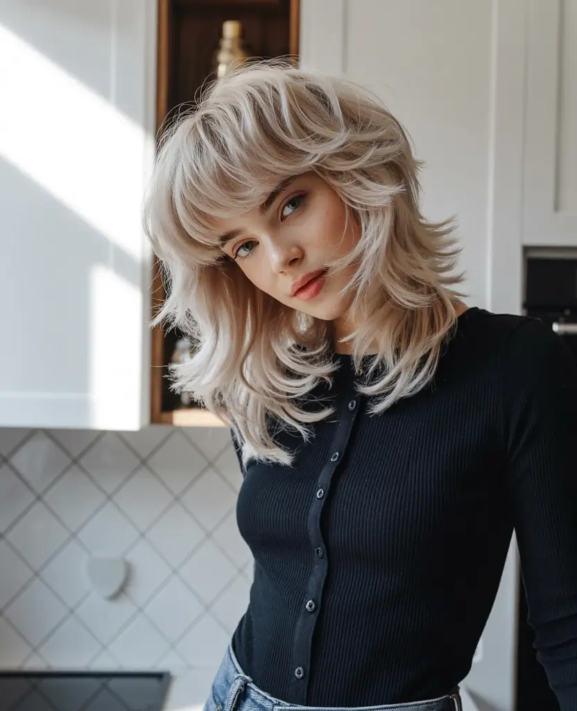 Autumn Haircut Inspiration 2025 Feathered Platinum Layers With Full Fringe
