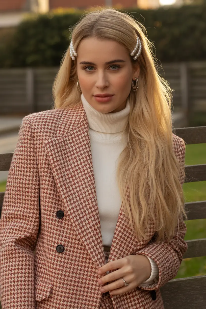 cute fall hairstyles Side-Swept Blonde with Pearls