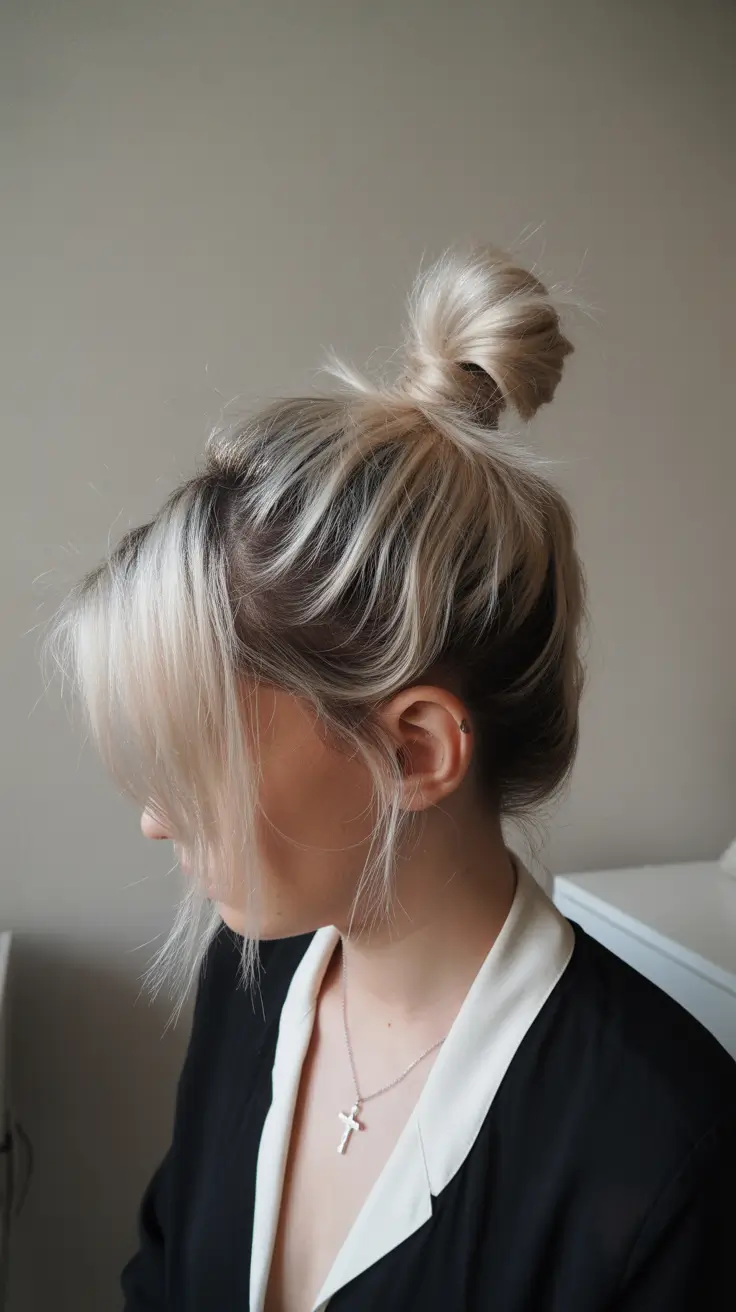 cute fall hairstyles Top Knot with Face-Framing Bangs