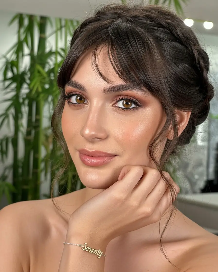 cute fall hairstyles Romantic Braided Crown with Curtain Bangs