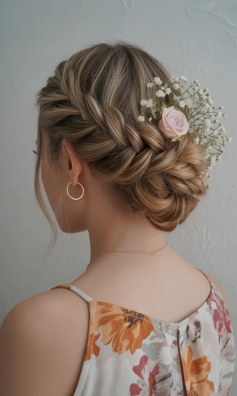 cute fall hairstyles Floral Braided Bun with Autumn Whimsy