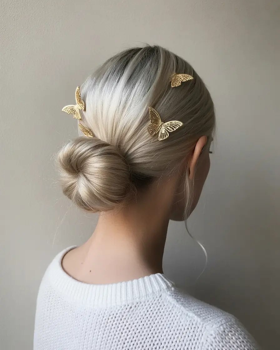 cute fall hairstyles Chic Low Bun with Golden Butterflies
