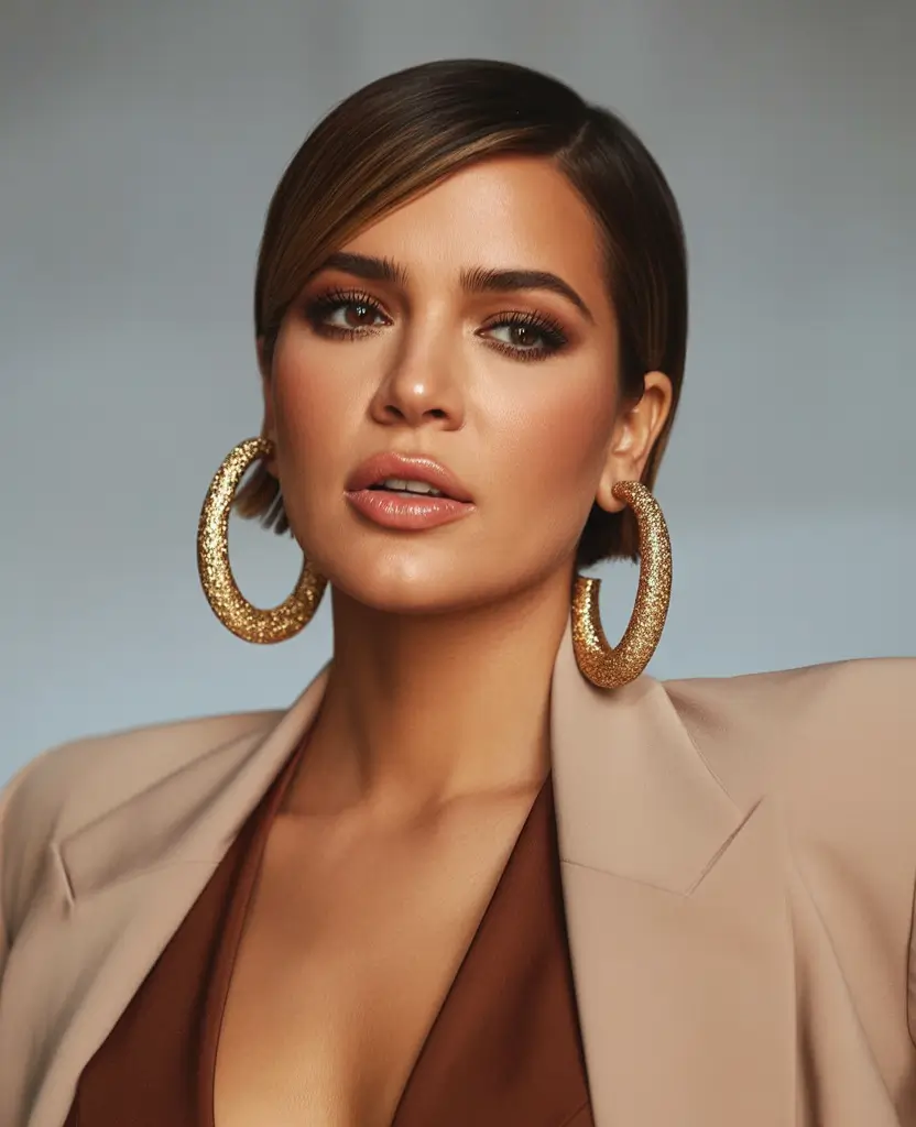 cute fall hairstyles Sleek Side Part with Mega Hoops