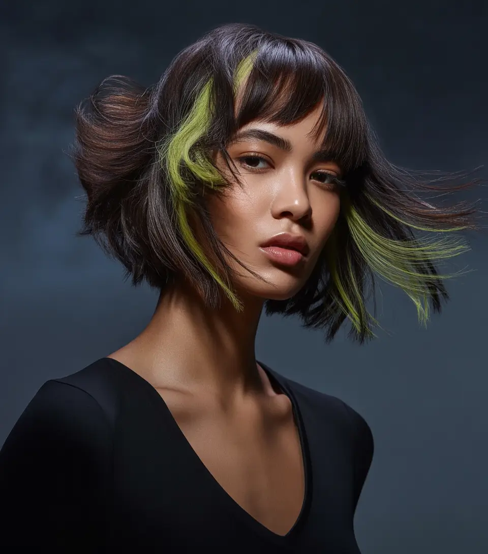 Fall Hair Colors for Warm Skin Midnight Brunette with Neon Lime Accents