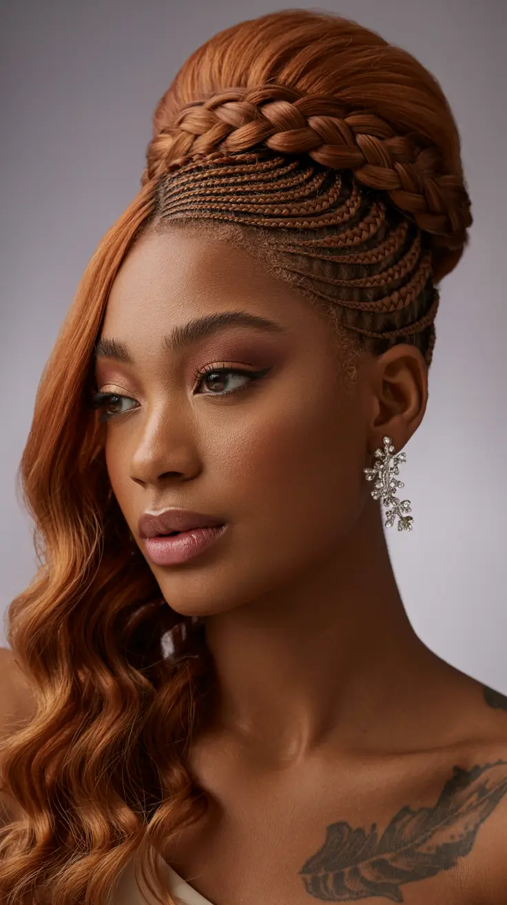 Fall hairstyle black women 2025 Copper Crowned Cornrows