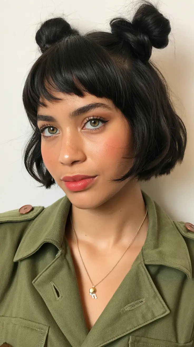 Fall hairstyle black women 2025 Playful Double Buns with Fringe