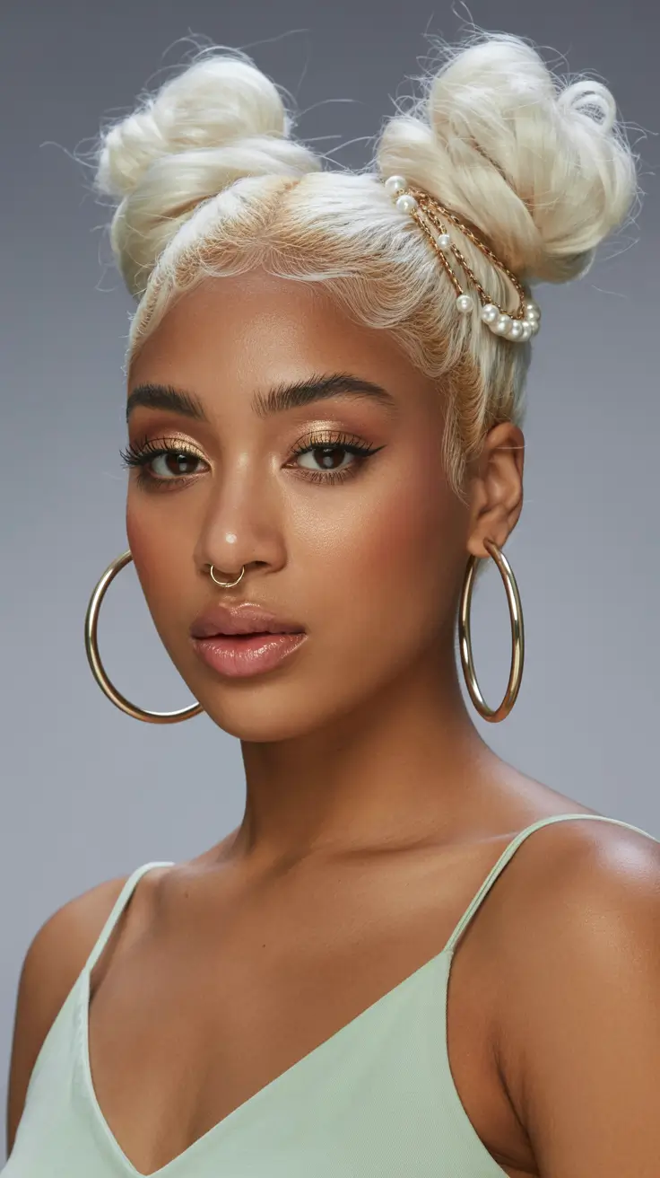 Fall hairstyle black women 2025 Platinum Double Buns with Pearl Accents