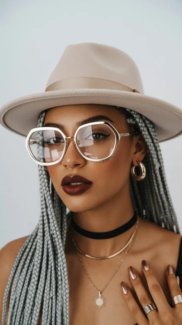 Fall hairstyle black women 2025 Silver Box Braids with Hat Styling