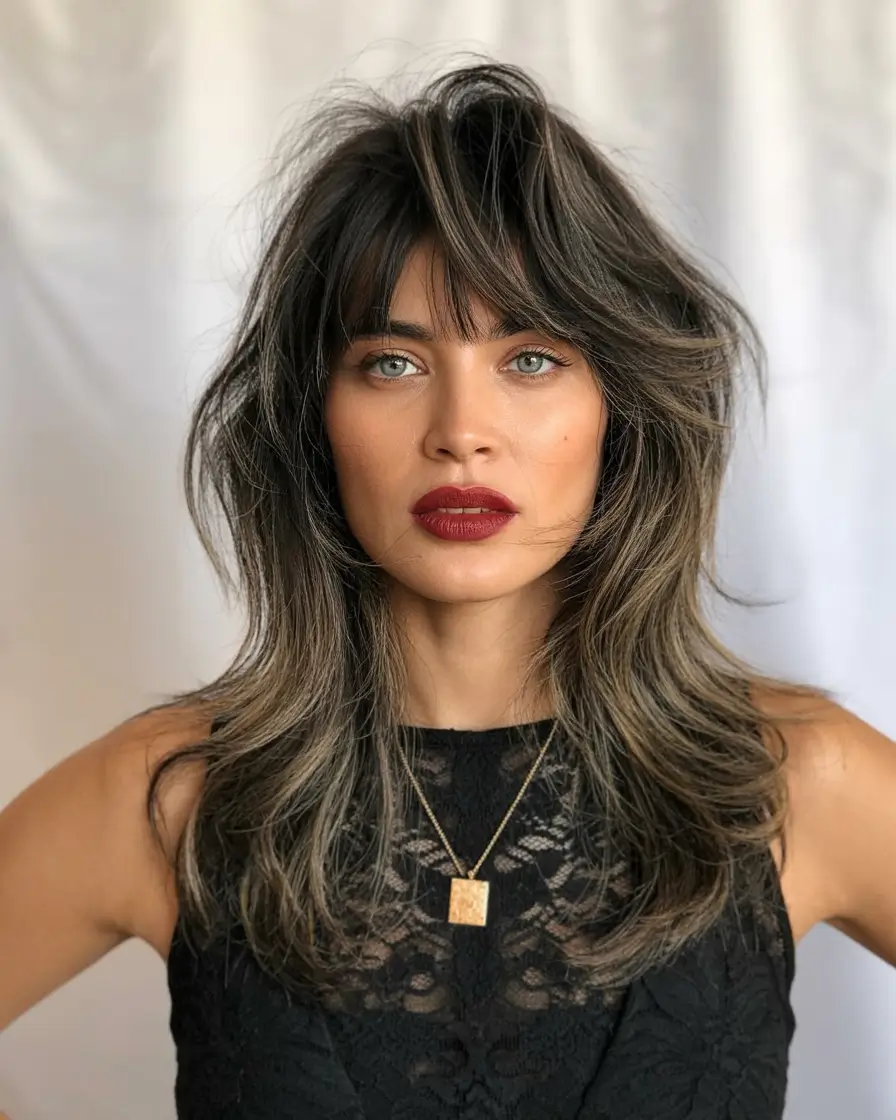 Popular fall haircuts Layered Shag with Curtain Bangs