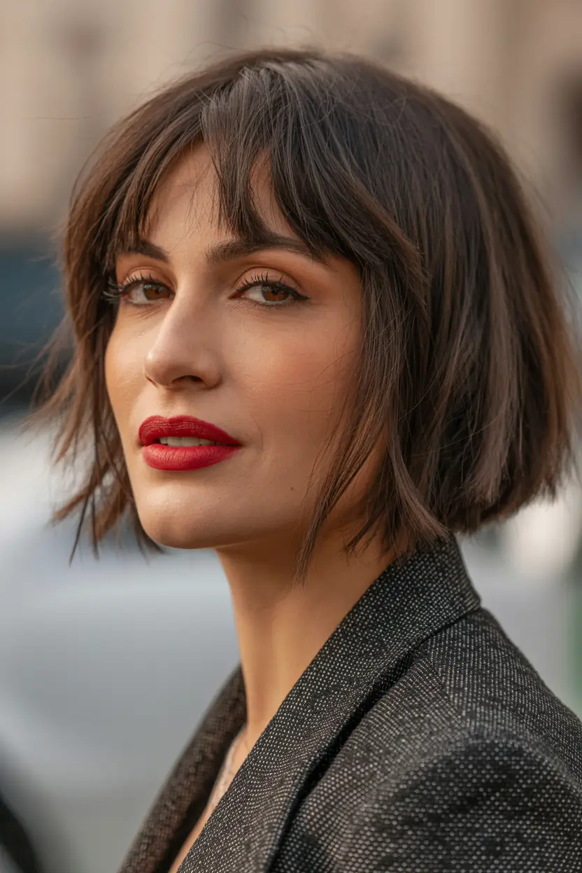 Popular fall haircuts Chic French Bob with Feathered Bangs
