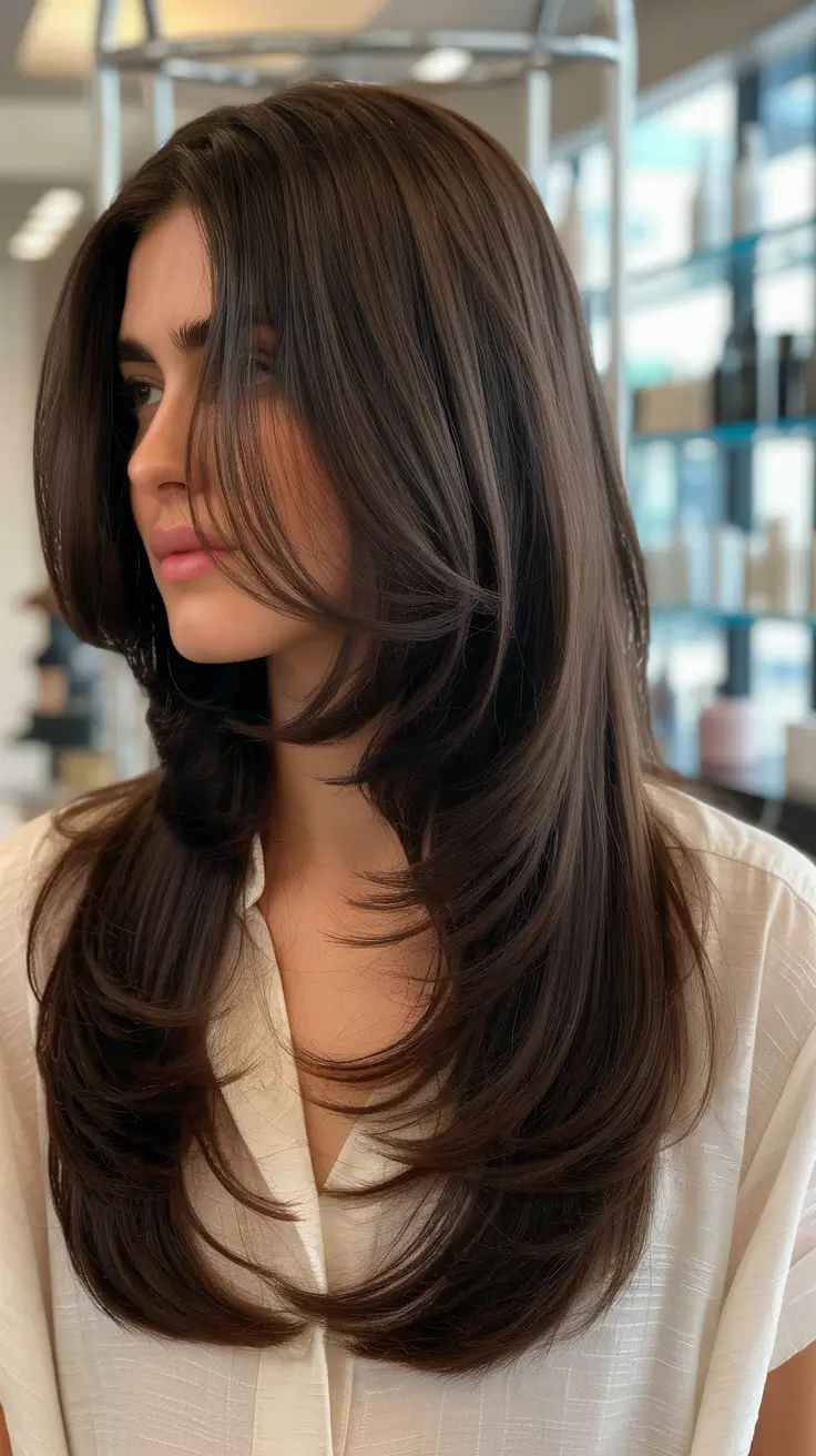 Popular fall haircuts Glossy Layered Brunette