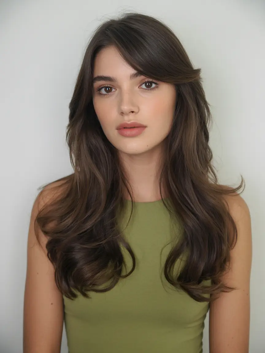 Popular fall haircuts Soft Brunette Layers with Side-Swept Fringe