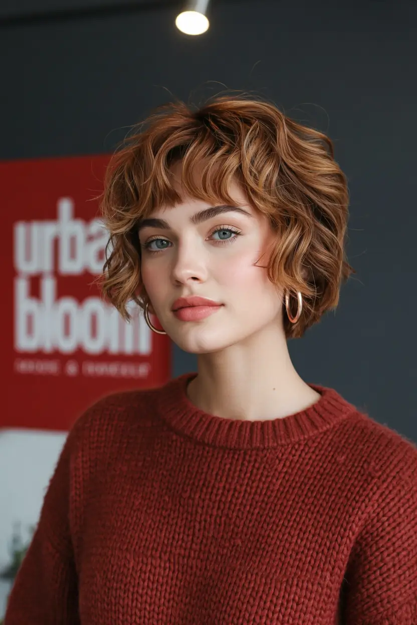 Popular fall haircuts Curly Bob with Golden Copper Highlights