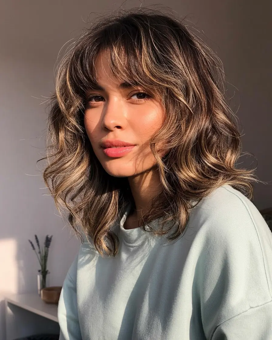 Popular fall haircuts Sunlit Medium Waves with Bangs