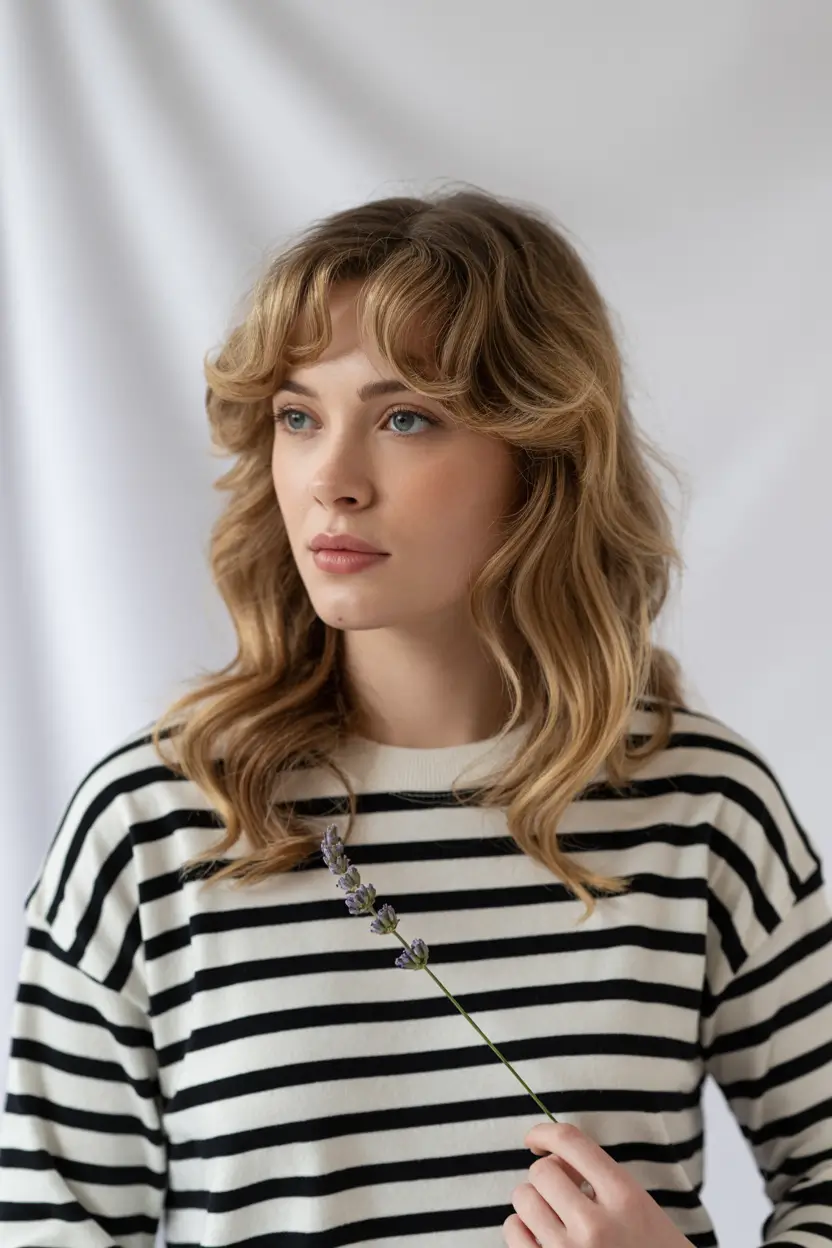 Popular fall haircuts Soft Blonde Layers with Curtain Bangs
