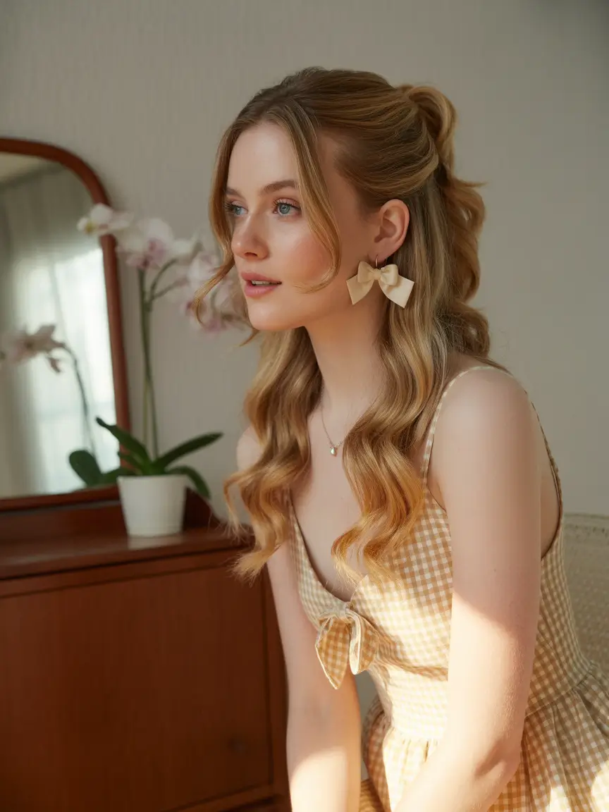 fall wedding hairstyles Soft Curls & Romantic Half-Up Charm