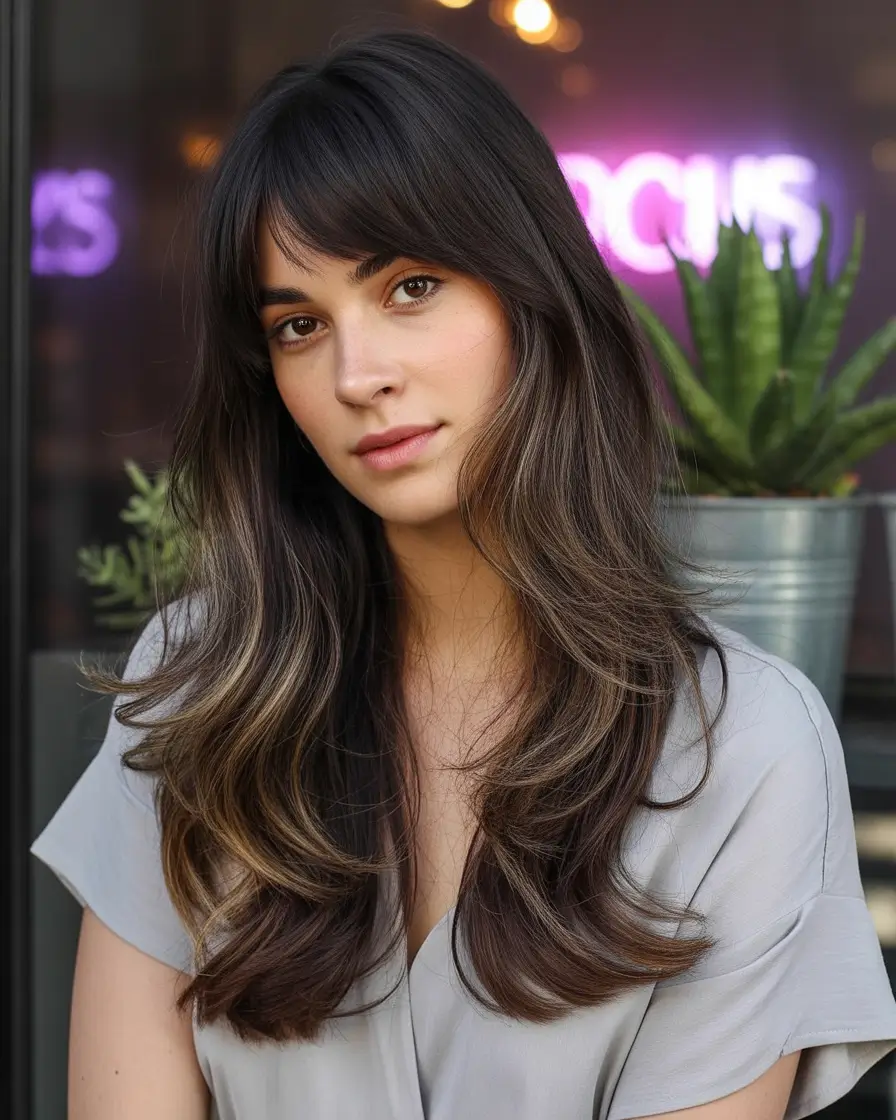 Fall Hair Colors for Cool Skin Face-Framing Ash Layers with Soft Bangs