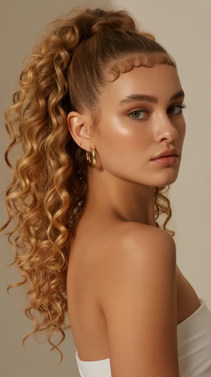 warm fall hair color 2025 Golden Caramel Ponytail with Defined Curls