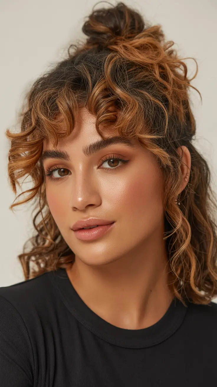 Warm fall hair color 2025 Playful Warm Brunette with Curly Bangs
