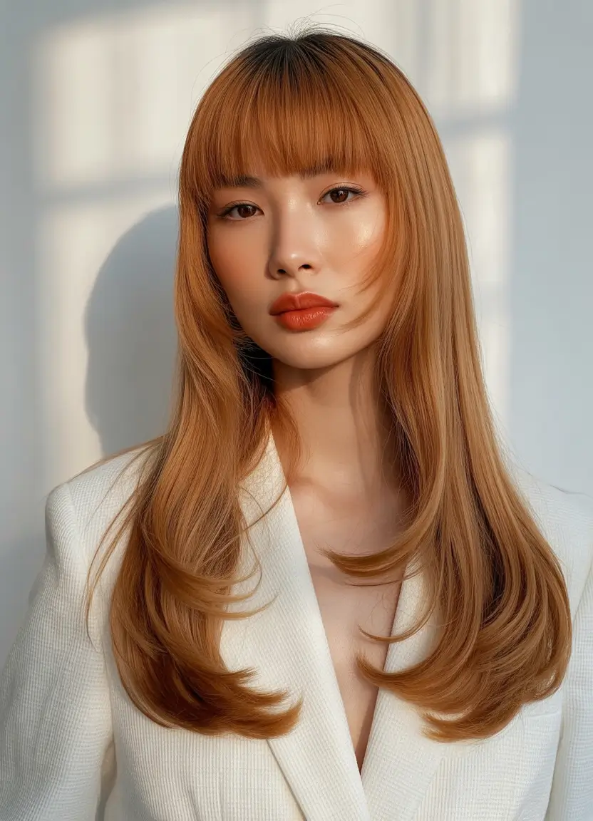 warm fall hair color 2025 Honey-Toned Sleek with Full Bangs