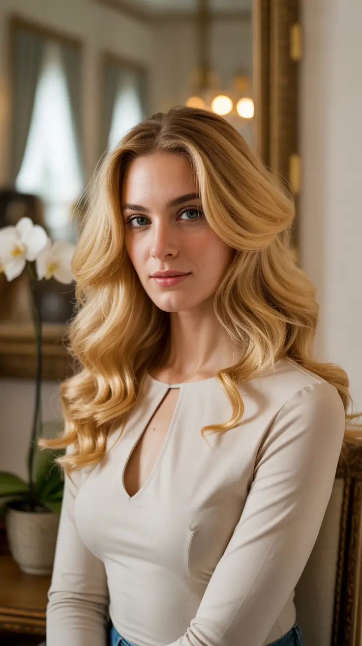 Warm fall hair color 2025 Classic Golden Blonde with Volume