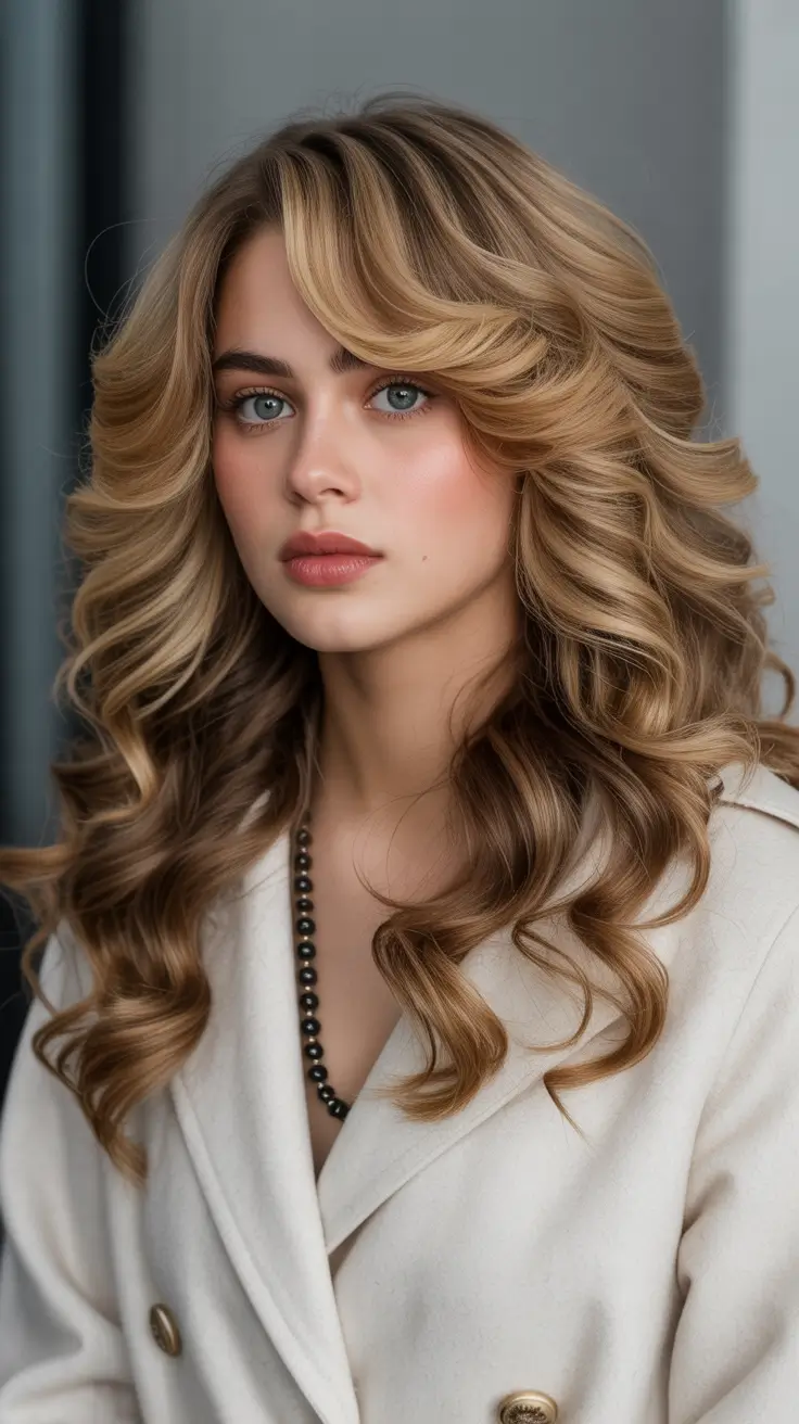Warm fall hair color 2025 Soft Caramel Blonde with Voluminous Layers