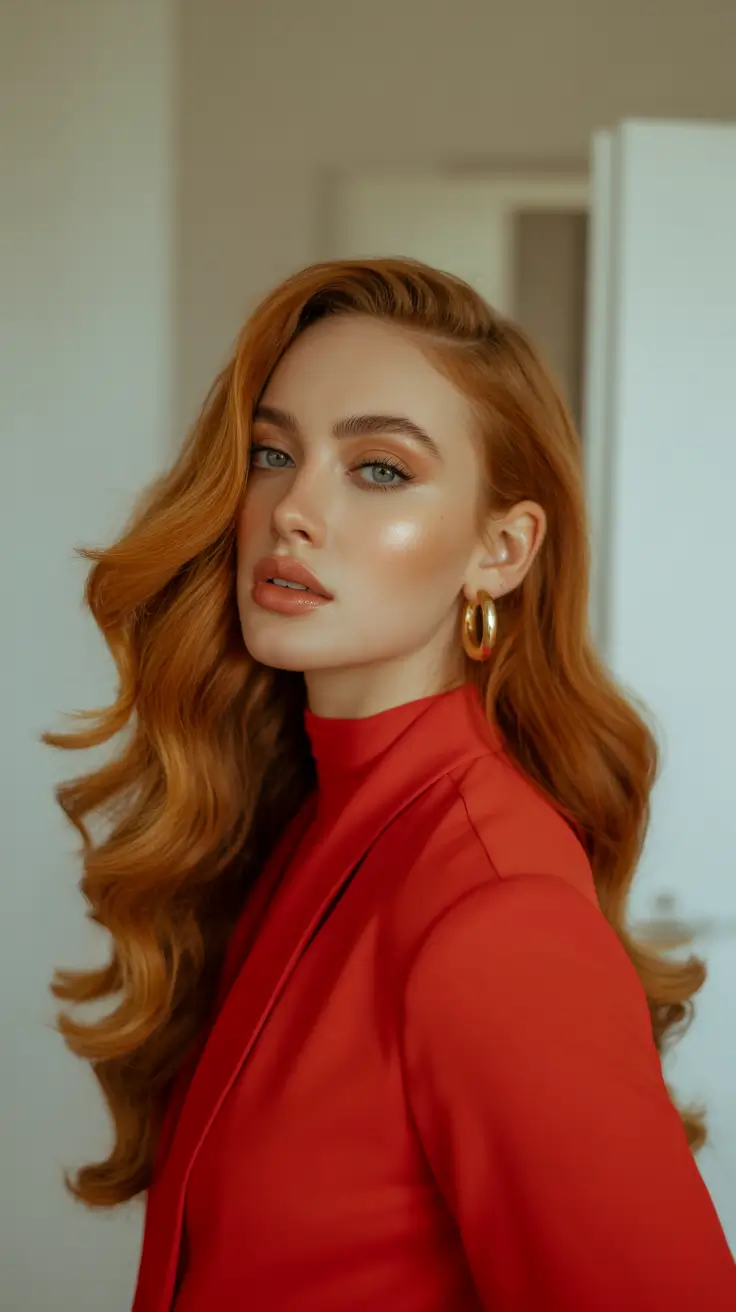 Warm fall hair color 2025 Fiery Red with Sleek Glam Waves