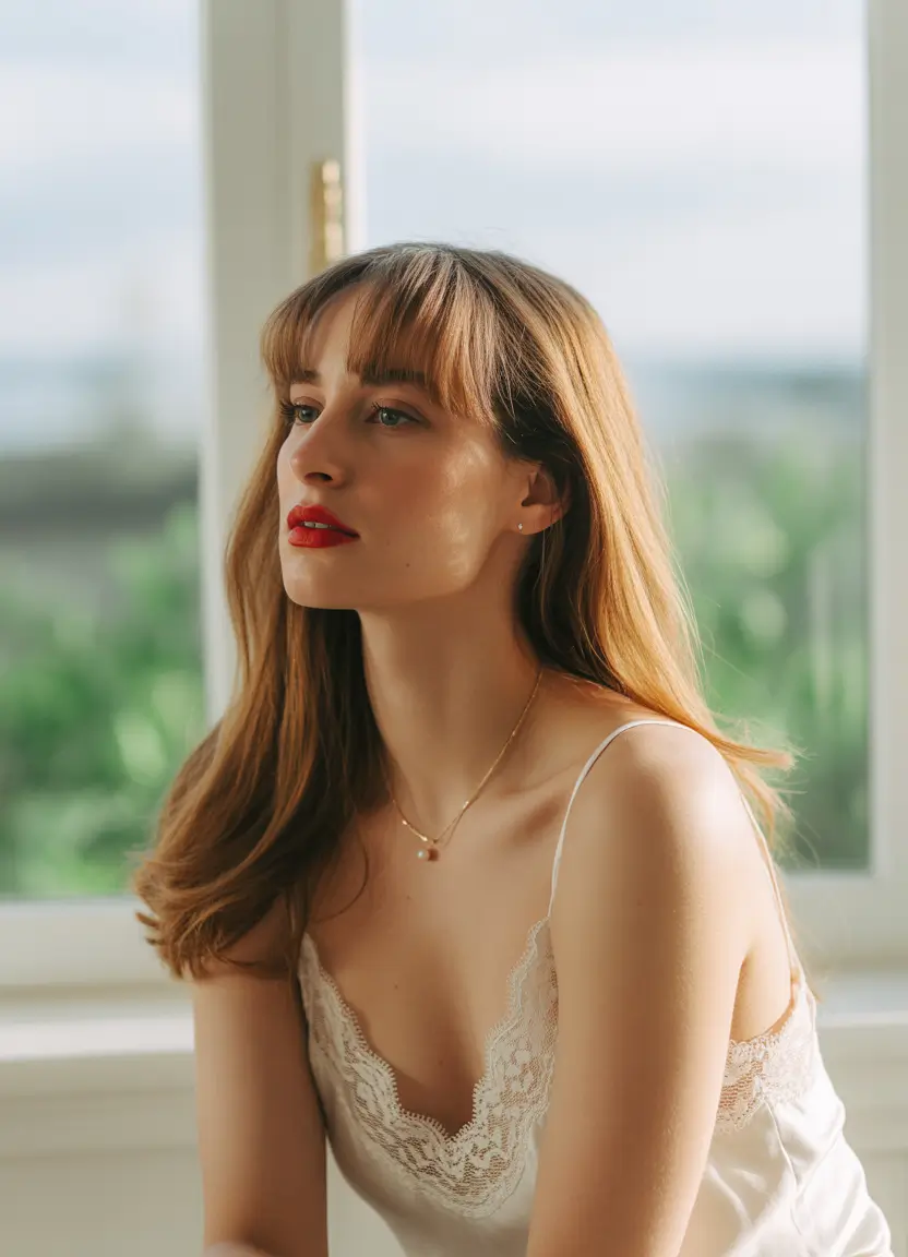 warm fall hair color 2025 Soft Brunette with Romantic Bangs