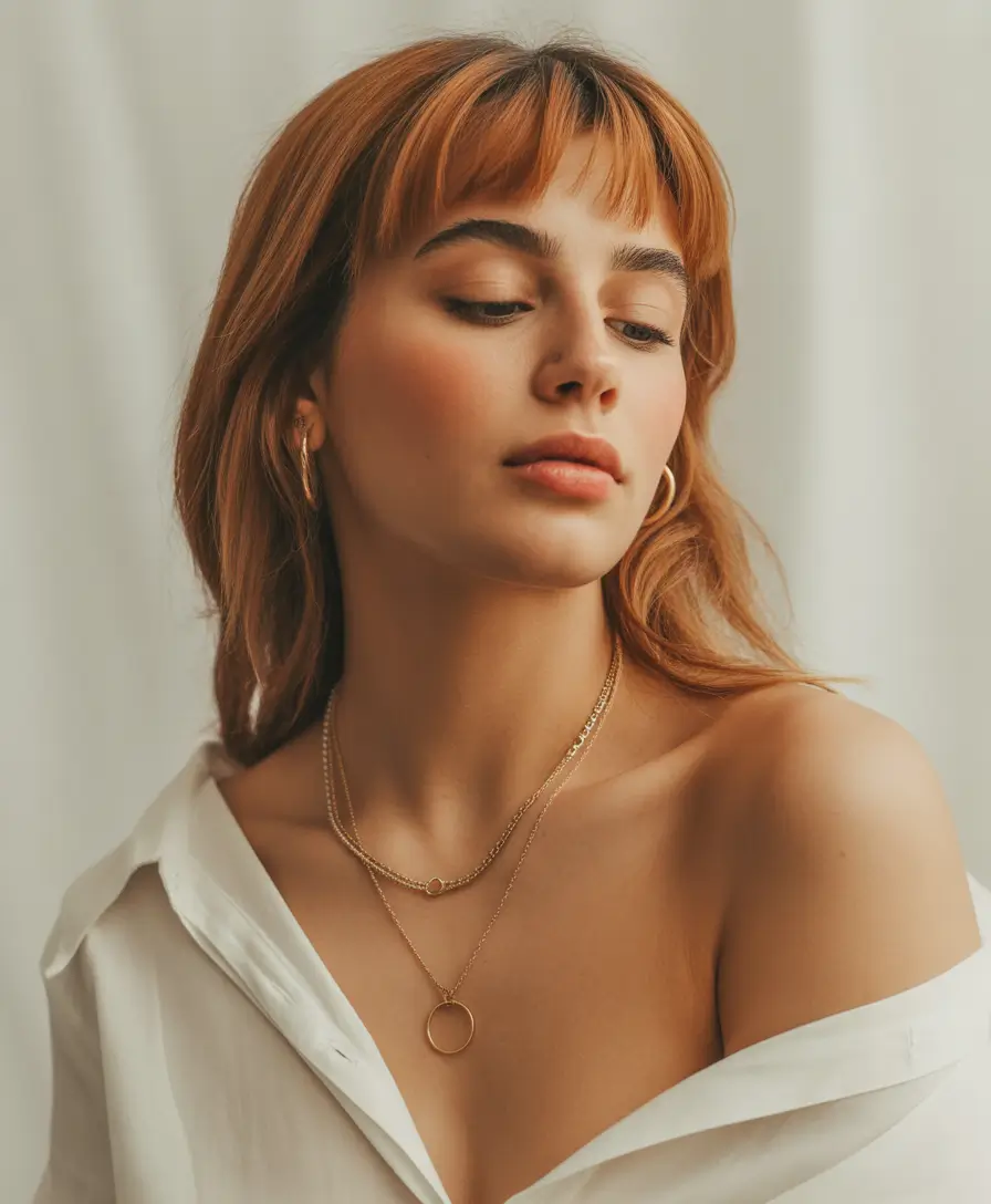 warm fall hair color 2025 Golden Copper with Playful Bangs