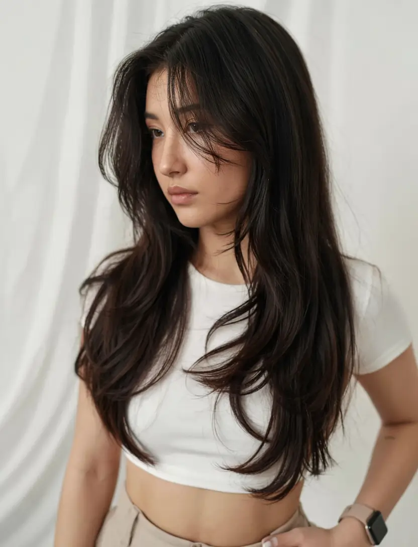 Long Haircut Inspiration for Summer 2025 - Soft Waves Glossy Dark Layers with Flowy Curtain Bangs