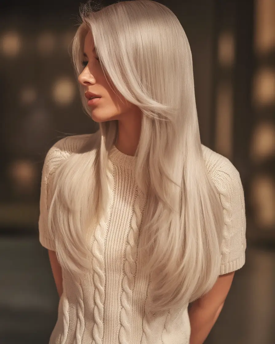 Long Haircut Inspiration for Summer 2025 - Soft Waves Icy Silver Layers with Ultra-Sleek Finish