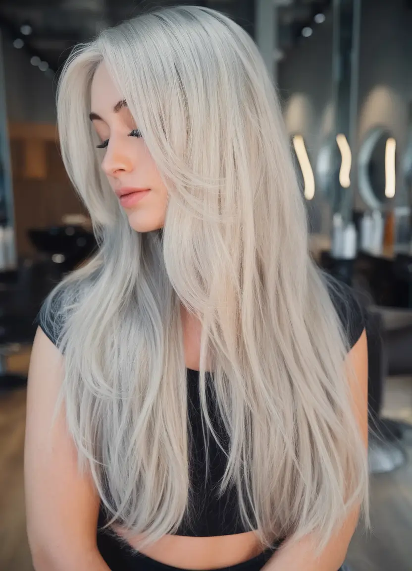 Long Haircut Inspiration for Summer 2025 - Soft Waves Snowy White Blonde with Flowy Curtain Bangs