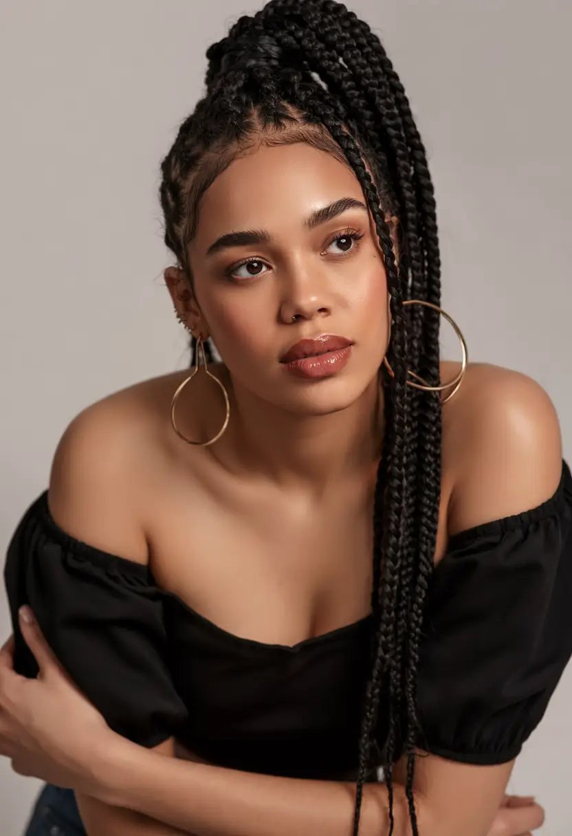 Ponytail Hairstyles – Chic Summer 2025 Modern Goddess Vibes in Jumbo Braids