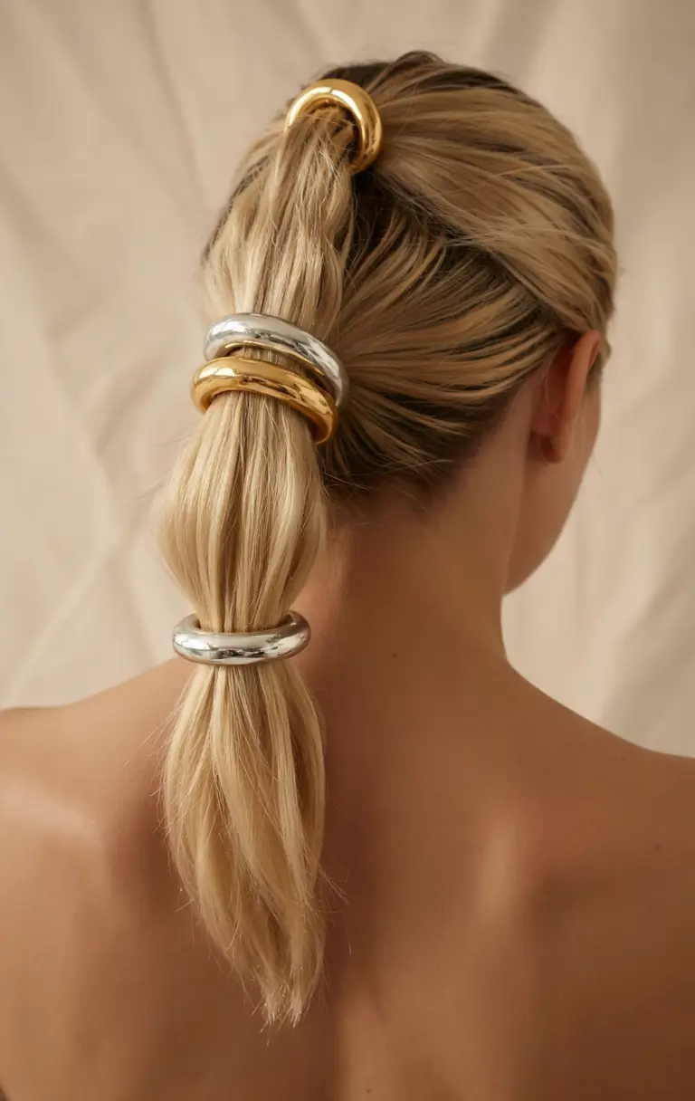 Ponytail Hairstyles – Chic Summer 2025 Stacked Metal Ring Ponytail