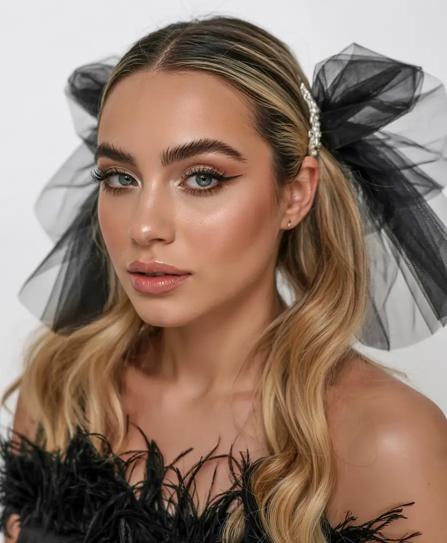 Ponytail Hairstyles - Chic Summer 2025+Romantic Ribbon Detail with Voluminous Waves