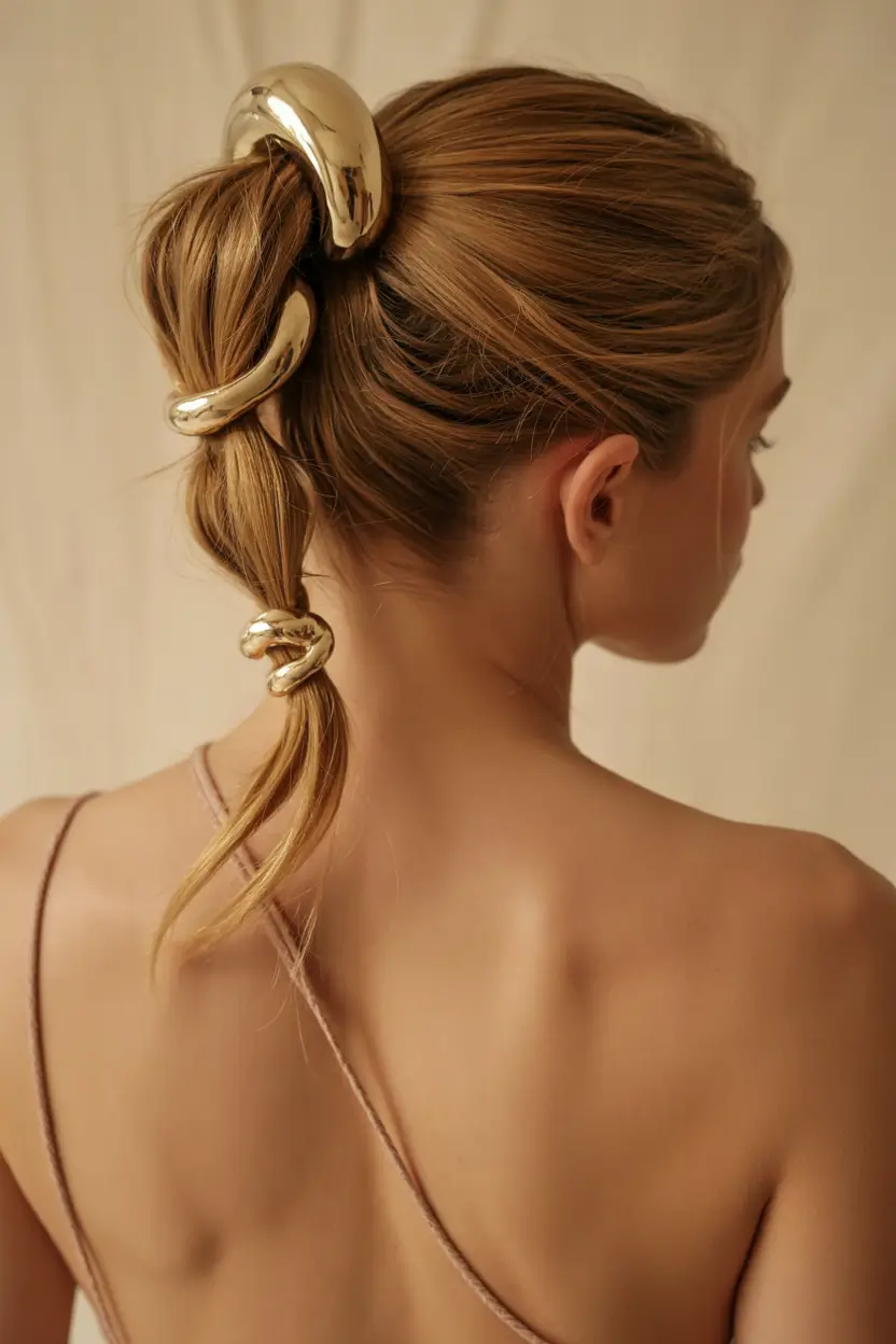 Ponytail Hairstyles - Chic Summer 2025+Gold-Cuffed Ponytail with Minimalist Chic