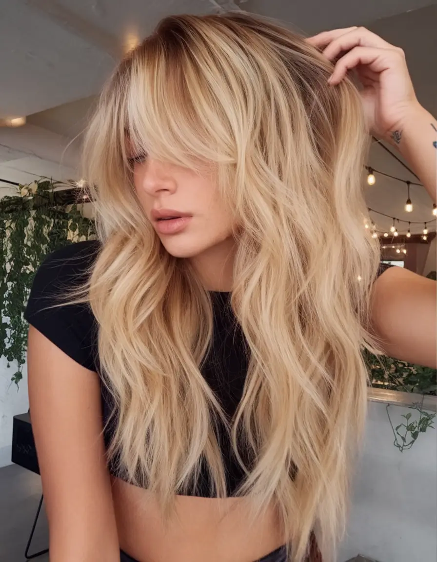 Summer 2025 Bangs Haircuts - Curtain Fringe Ideas Sun-Kissed Blonde Layers with Soft Curtain Bangs