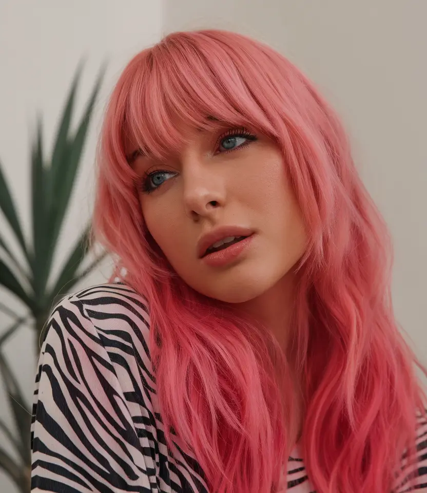 Summer 2025 Bangs Haircuts - Curtain Fringe Ideas Vibrant Anime-Inspired Pink Curtain Bangs