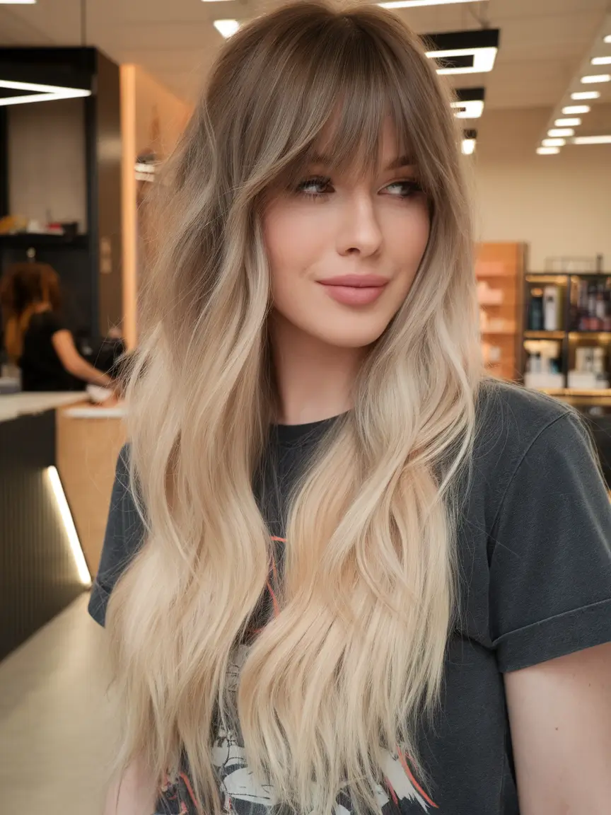 Summer 2025 Bangs Haircuts - Curtain Fringe Ideas Shadow Root Blonde Curtain Fringe