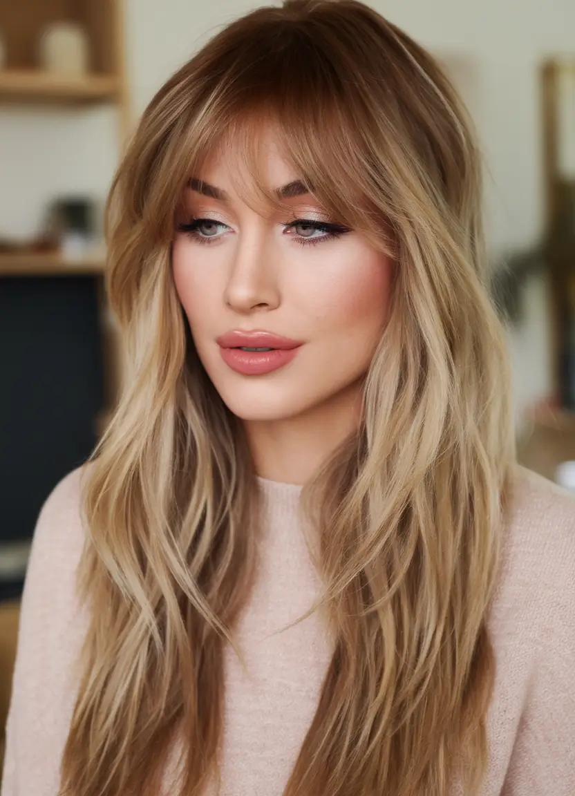 Summer 2025 Bangs Haircuts - Curtain Fringe Ideas Caramel Dream Curtain Bangs with Layered Ends