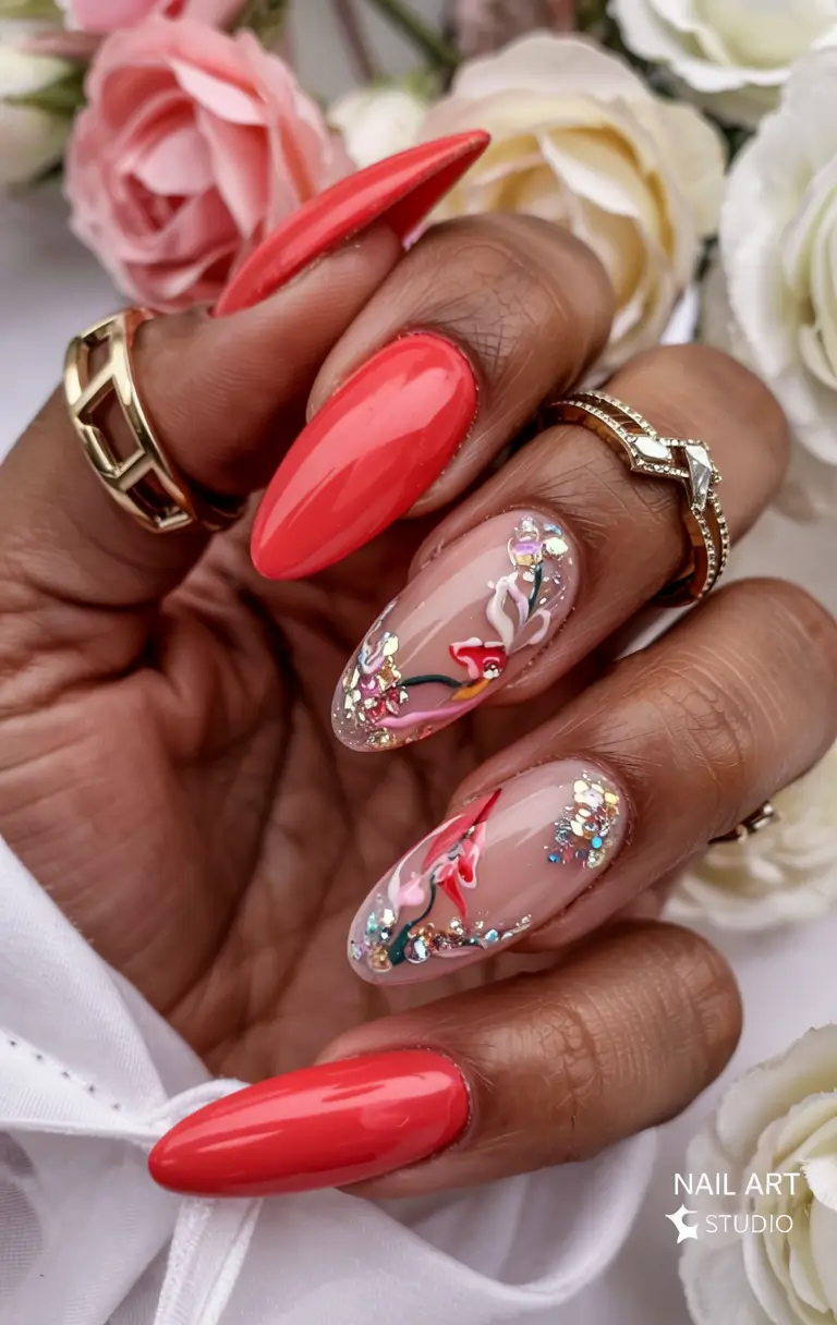 summer acrylic nail ideas 2025 Glossy Coral Meets Floral Glitz