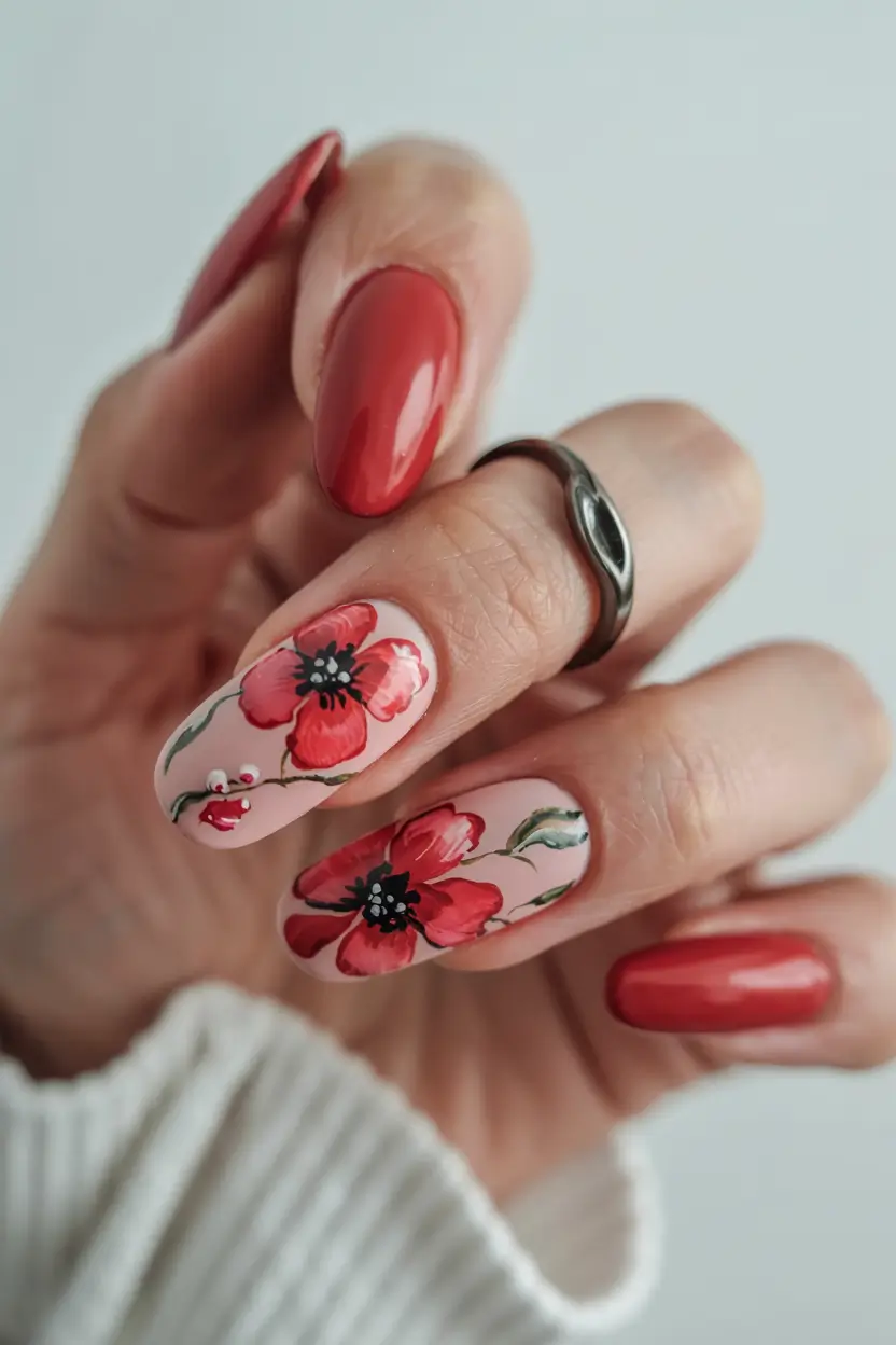 summer acrylic nail ideas 2025 Poppies in Bloom