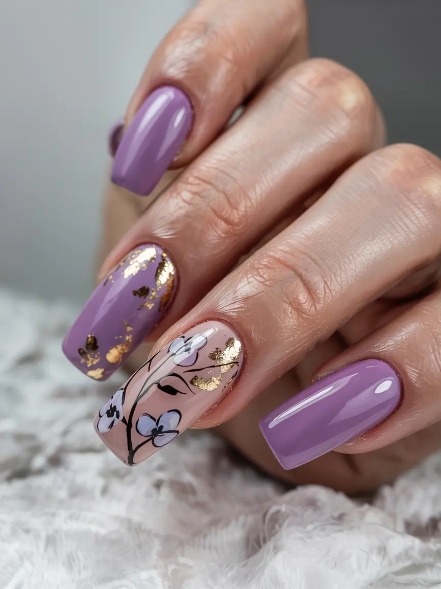 summer acrylic nail ideas 2025 Orchid & Gold Elegance